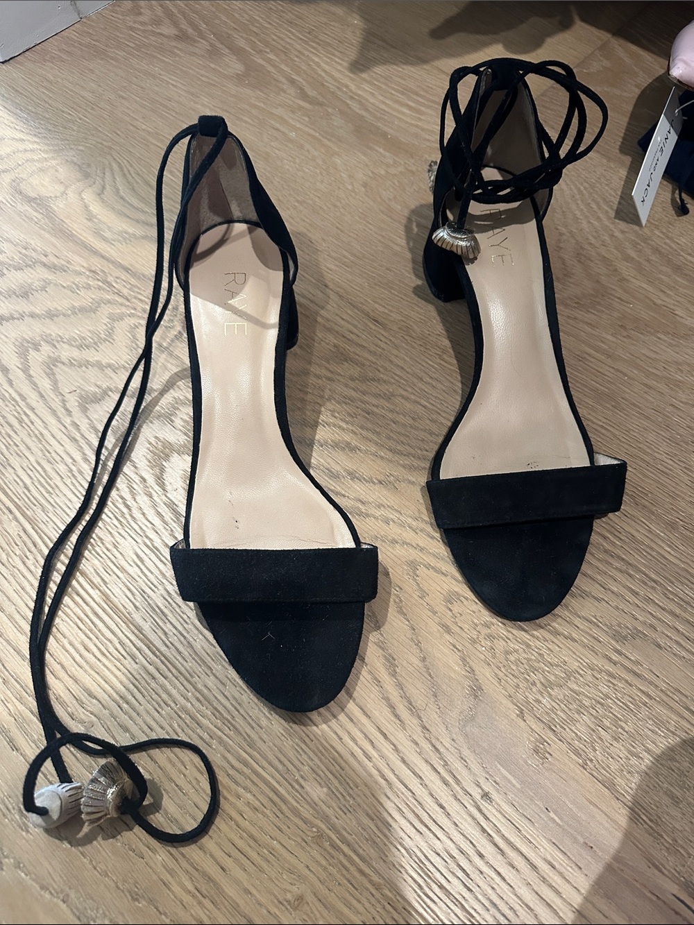 RAYE Black Suede Lace-Up Ankle Strap Block Heels
